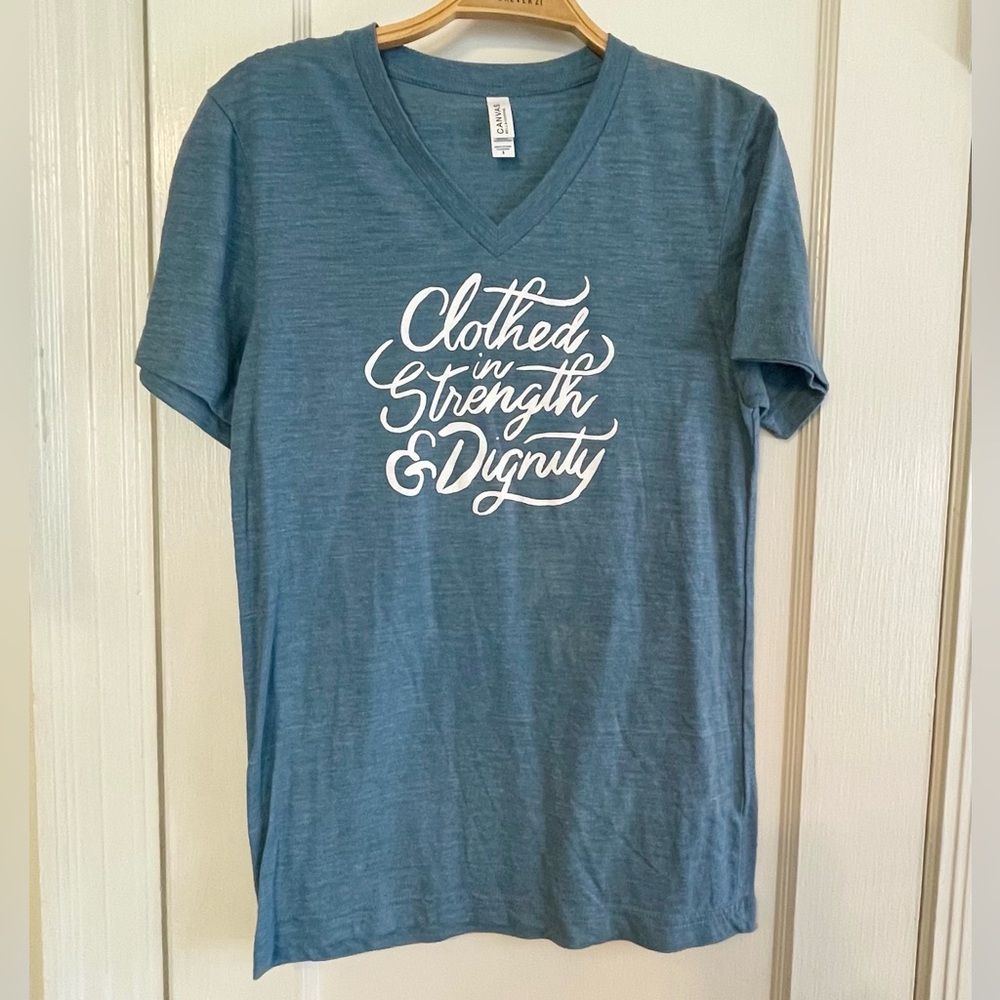 Bella Canvas Blue V-Neck Tee short sleeve t-shirt Bible verse Scripture womens S